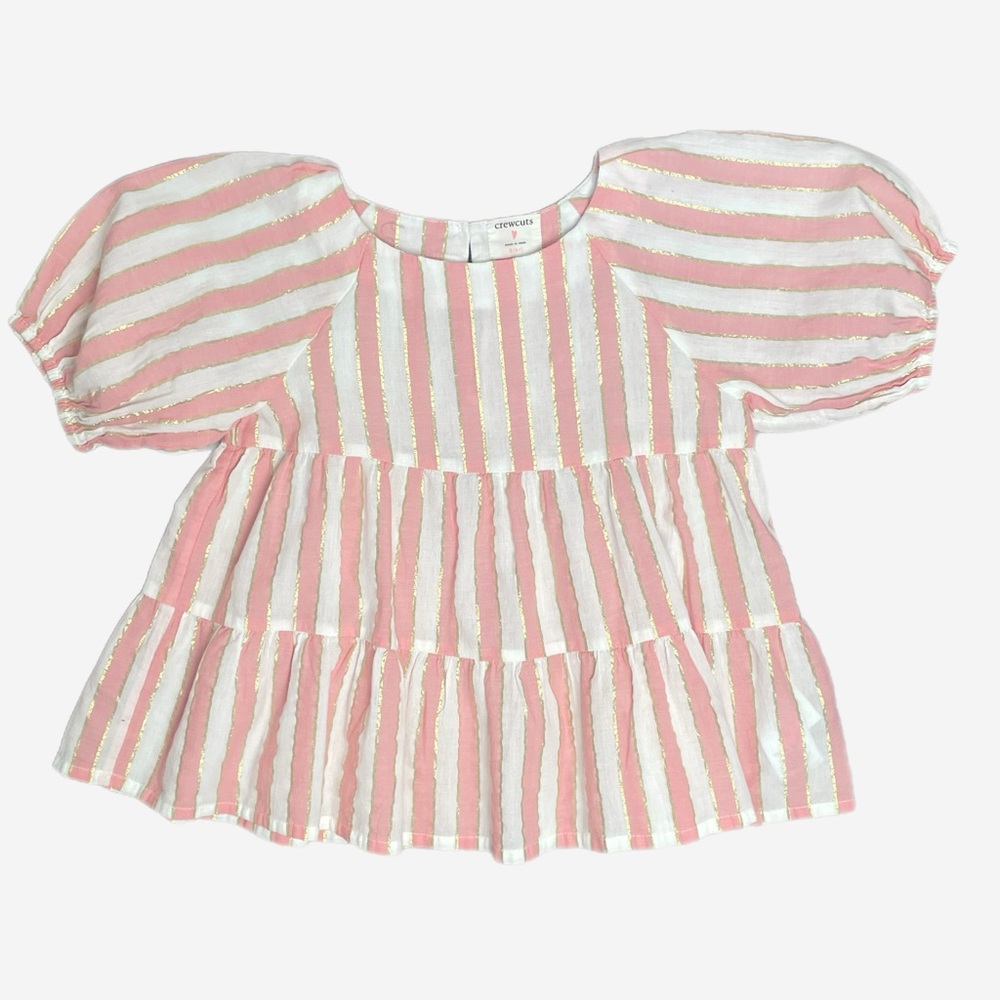 Crewcuts Girls' pink white striped puff sleeve tiered top metallic preppy S/6